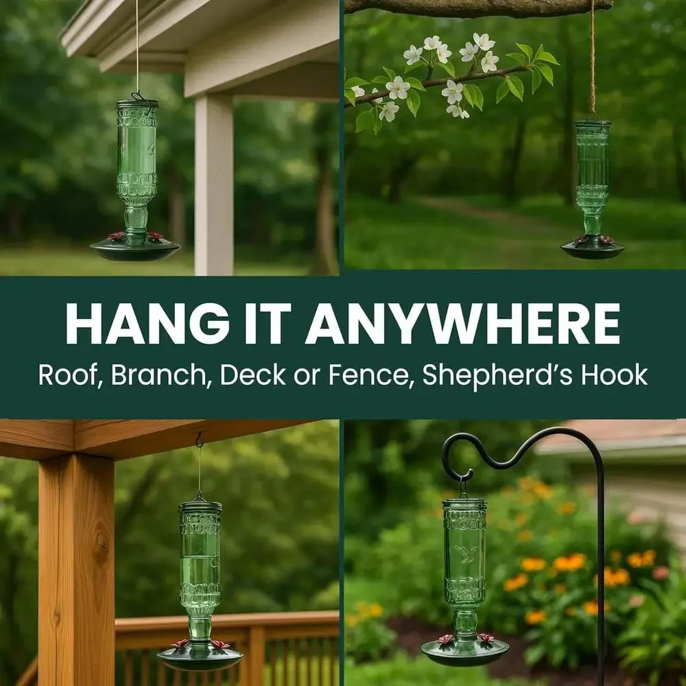 Antique Glass Bottle Hummingbird Feeder 10 Oz Capacity Green Outdoor Hanging